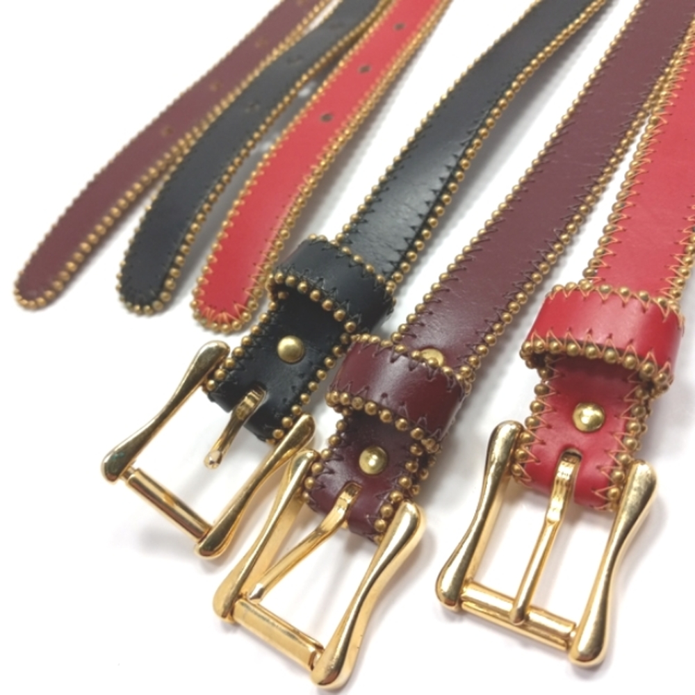 GARAY 3 Vintage Leather Belts Gold Metal Tiny Gold Ball Trim & Buckles L…